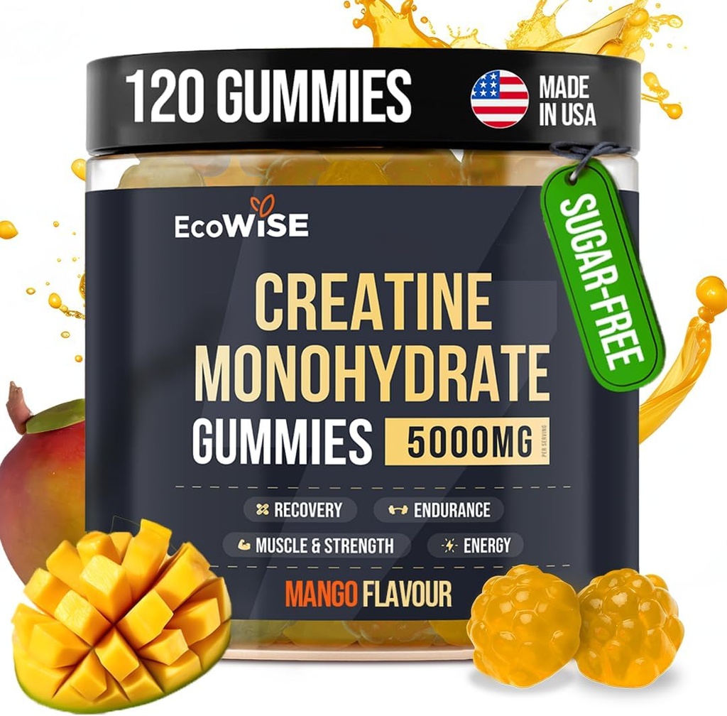 EcoWise Wellness Creatiini Monohydraatti Gummies 5000 mg, mango maku, 120 sokeriton vegaaninen purukumia, Creatiini täydentää päivittäin rutiini