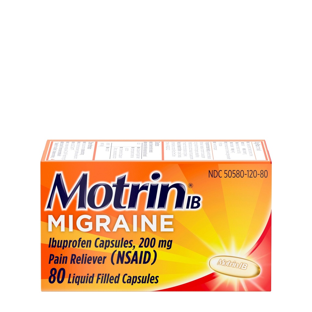 Motrin IB Migraine Relief Liquid Gel Capsules with 200 mg Ibuprofeeni per kapseli, nopea ja tehokas migreeni Päänsärky NSAID Pain Reliever Ibuprofeeni, kofeiinivapaa, 80 lla