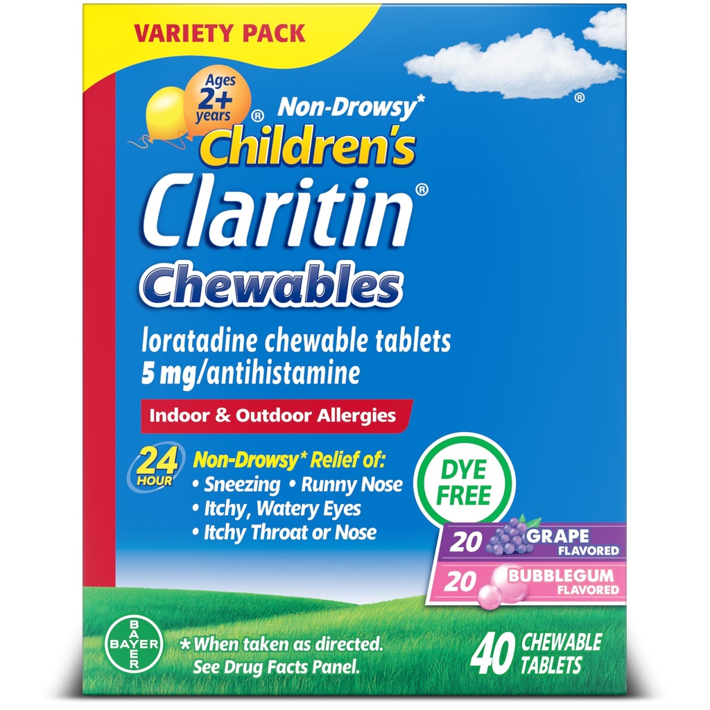 Claritin Children's Allergia Medicine, 24-tunnin non-Drowsy Loratadine 5 mg purutabletti, antihistamiini lapsille ikä 2 vuotta ja vanhempi, rypäleen ja kupla gum makuja, 40 tablettia