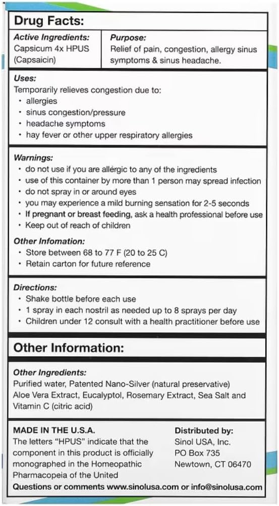 SinolM, All-Natural Nasal Relief Spray för snabb allergi & Sinus Relief, 15 ml (Pack of 2)