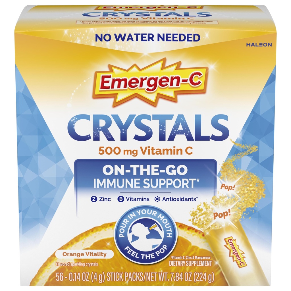 Emergen-C Crystals, On-the-Go Emergen-C Immune Support Supplement med vitamin C, B Vitaminer, Zink och Manganese, Orange Vitality - 56 Stick Packs