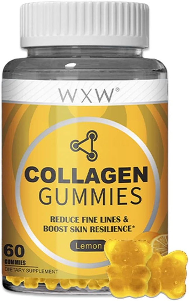 WXW Hydrolysed Collagen Peptides Gummies for Women, Ei-GMO Anti-Aging Formula Biotin, Sinkki, C-vitamiinit hiukset, iho ja kynnet 60ct, Lemon Flavor