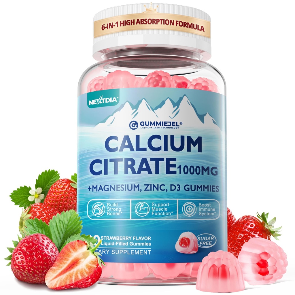 Calcium Citrate Supplement 1000mg för kvinnor och män, 6-i-1 Calcium Magnesium Zinc Gummies + Vitamin D3, B6 & Potassium Hög Absorption för ben, tänder, muskel och nervhälsa, Vegan, Sugar Free,60Cts