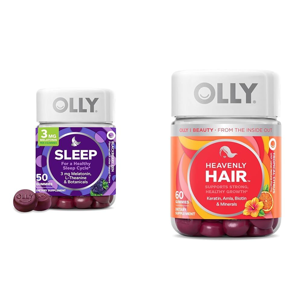 Olly Nukkua Gummy kanssa Melatoniini, L-Theanine, Kasvitieteelliset, BlackBerry Flavor, 50 Count & Heavenly Hair Gummy Keratin, Biotin, AMLA, Trooppinen Orange Flavor, 60 Count Bundle