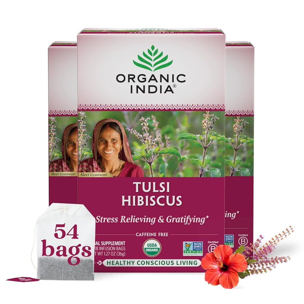 ORGAANINEN INDIA Tulsi Hibiscus Tea Bags - Holy Basil yrttitee, Stressi relieving, Calming, Immuuni tuki, USDA Organic, kofeiiniton -18 pussia, 3 pakkaus