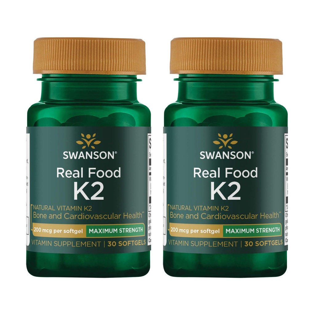 Swanson Maximum Strength Vitamin K2 (Menaquinone-7)-Vitamin Supplement Supporting Cardiovascular och Bone Health-Made från japanska Natto för att hjälpa till att reglera Calcium (30 Softgels, 200mcg Varje) (2 Pack)