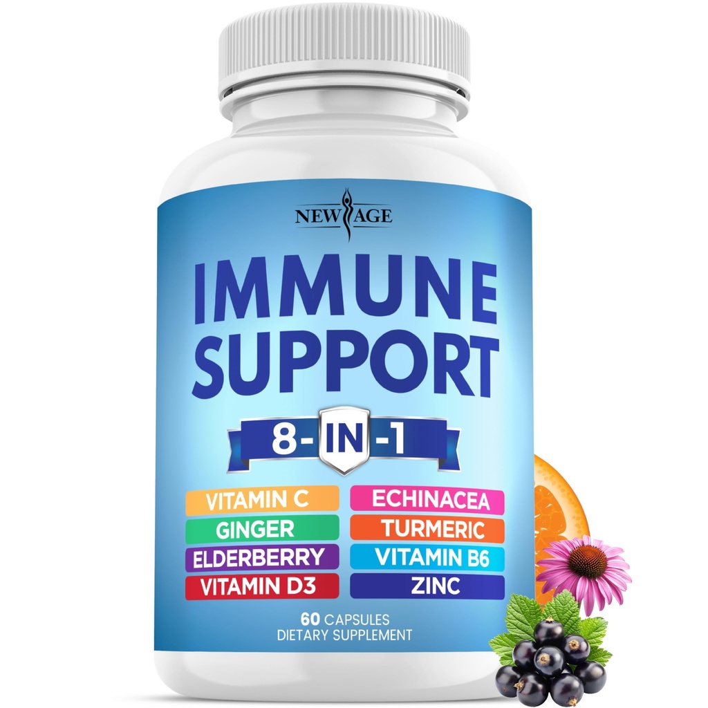 NEW AGE 8 i 1 Immune Support Booster Supplement med Echinacea, Vitamin C och Zink 50mg, Vitamin D 5000 IE, Turmeric Curcumin & Ginger, B6, Elderberry 60 Count (Pack av 1)