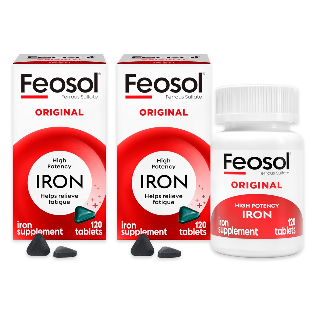Feosol Original Iron Supplement Tablets, non-heme 325mg Ferrous Sulfate (65mg Elemental Iron) per Pill, 1 per dag, 4 månaders leverans, för energi och immunsystemsupport (120 ct Pack 2)