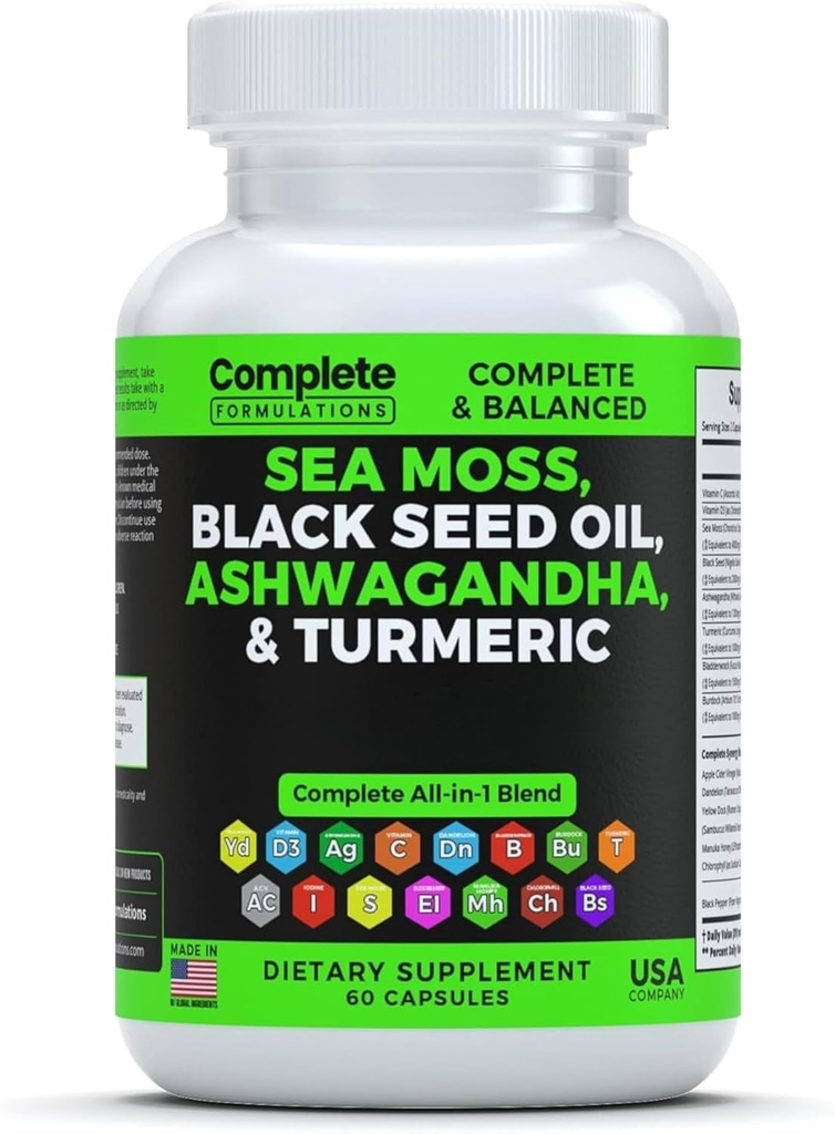 Sea Moss Supplement Blend with Black Seed Oil Ashwagandha Turmeric rakkoranneke, Burdock & C-vitamiinia & D3 kanssa Elderberry Manuka Voikukka Keltainen jodi