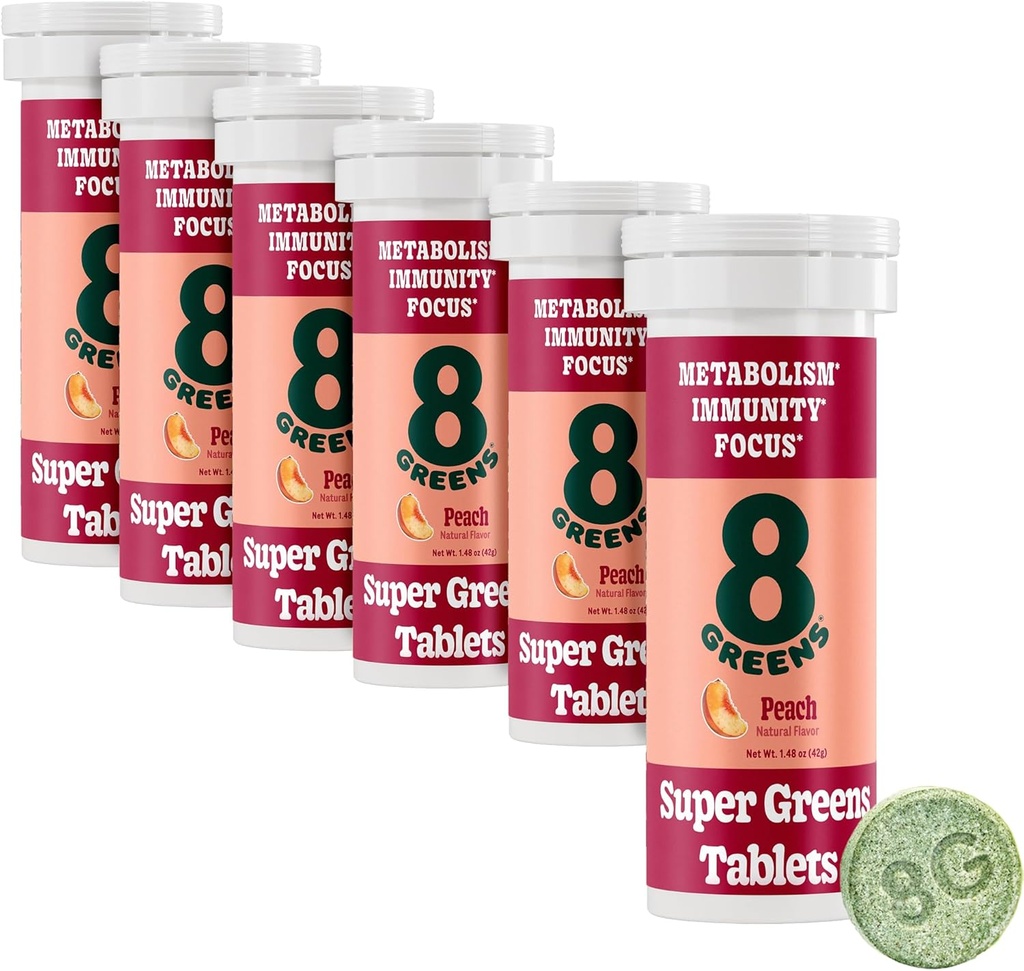 8Greens Supergreens Tabletit ... Super Greens Powder Superfood, Metabolia Immuniteetti & Focus, Daily Greens Effervescent Tabletit, Organic: Aloe Vera, Spirulina, Klorella, Peach, Tube 60 Servings.