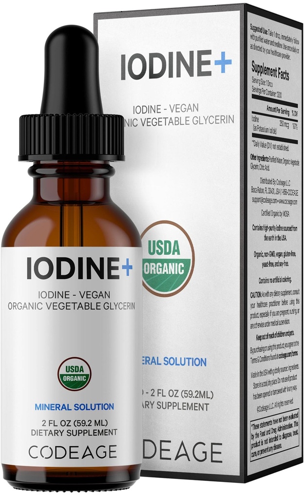 Codeage USDA Certified Organic Iodine Drops - 250 Mcg Per Serving - 1 + År Supply - Liquid Iodide Supplement - Pure, Clear Iodine - Vegan Potassium Iodine Liquid Drop - 2 fl oz