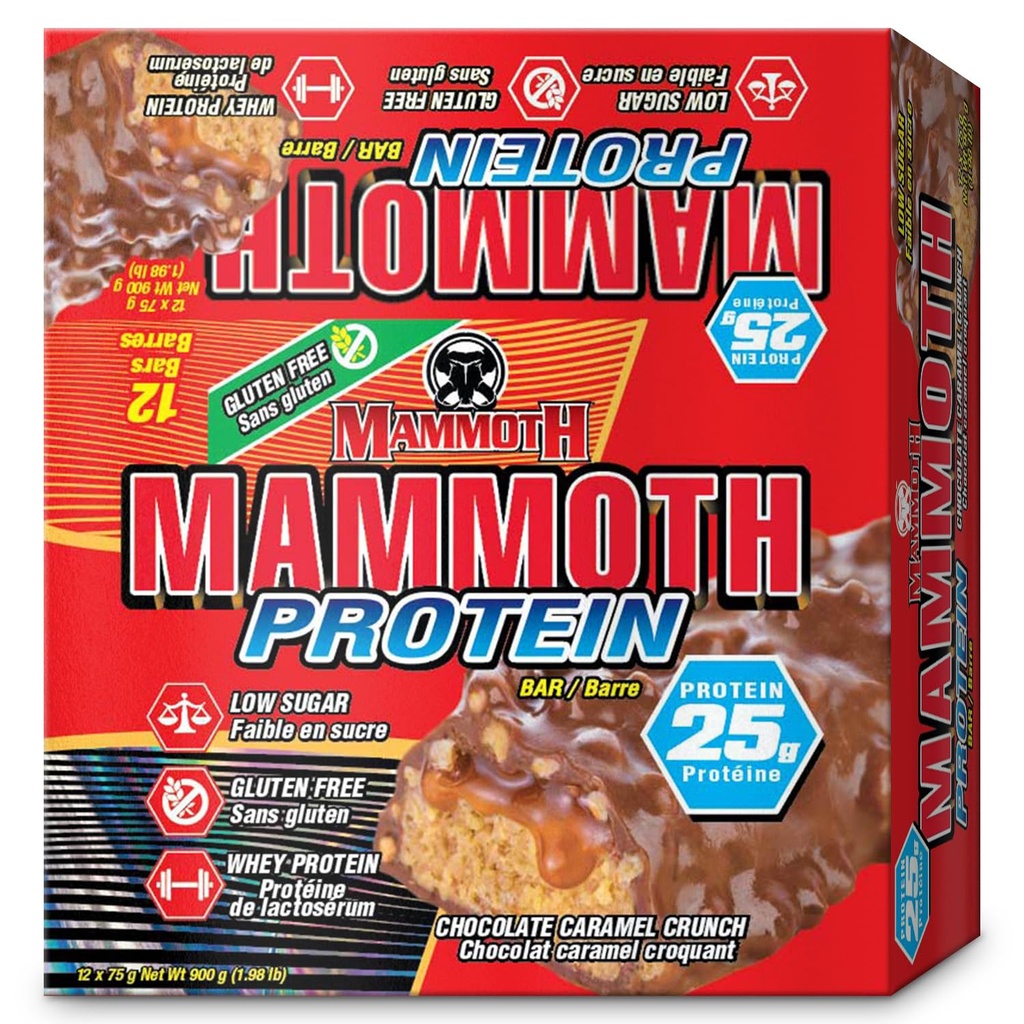 MAMMOTH Protein Bar, Chocolate Peanut Butter Crunch, 25g Protein, Low Sugar, Low Carb, Gluten Free, 12 x 65g (12 greve) (Chocolate Peanut Butter Crunch) (12 greve, Chocolate Caramel Crunch)