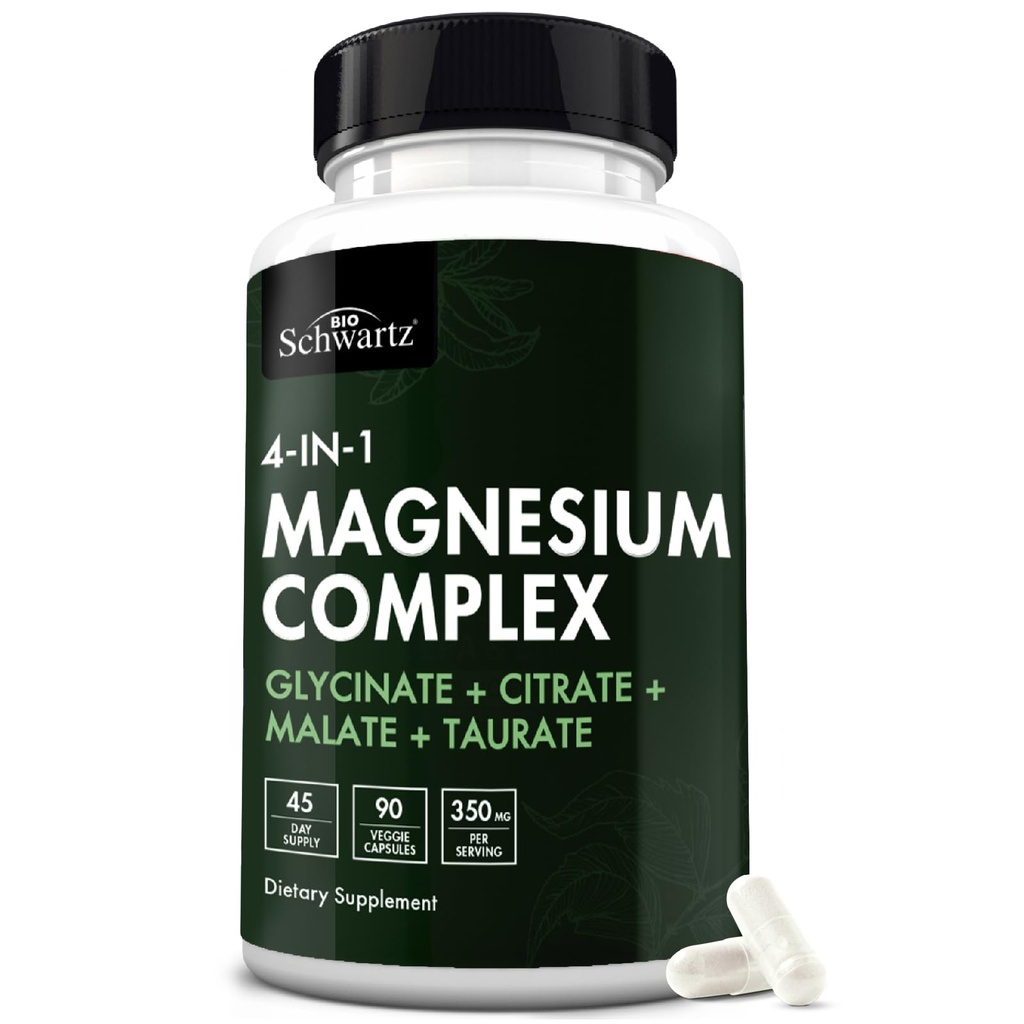 BioSchwartz Magnesium Complex Supplement (90 kapselia) 350 mg Magnesium Glycinate Citrate Malate ja Taurate Per Serving terveille hermoille Lihakset Heart Sleep Support (Vegaani, Gluteeniton, ei GMO)