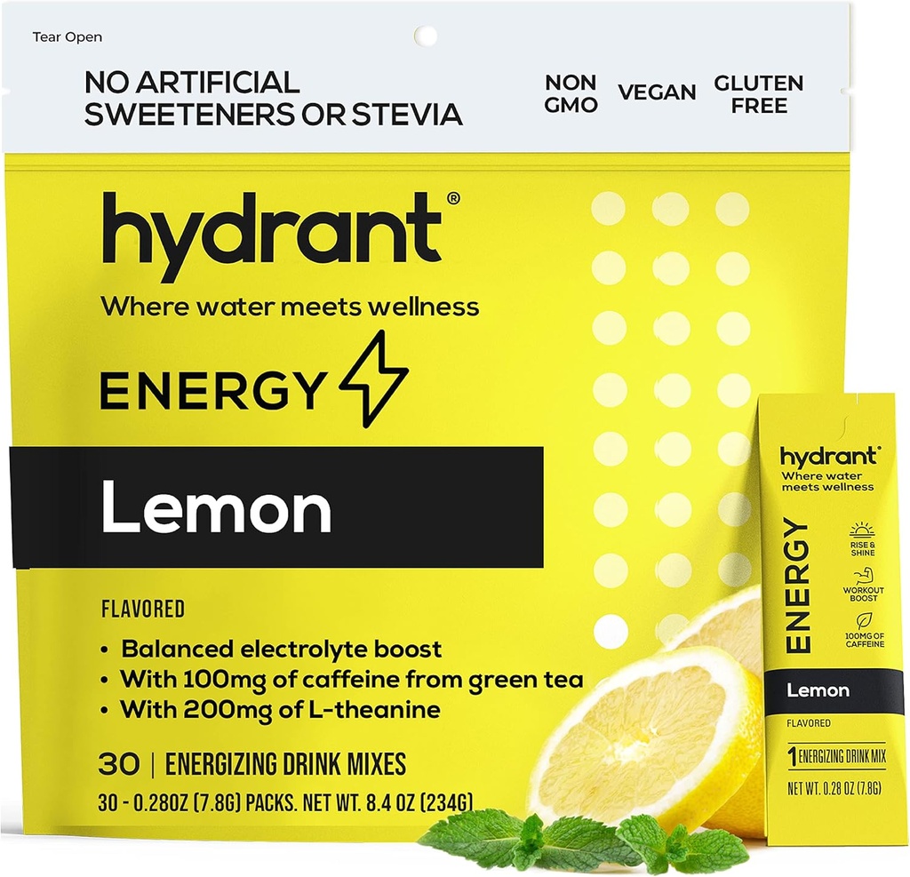 HYDRANT Energy Lemon Flavor 30 Stick Pack, Caffeine & L-Theanine Rapid Hydration Mix, Electrolyte Hydration Powder Packets med Zink