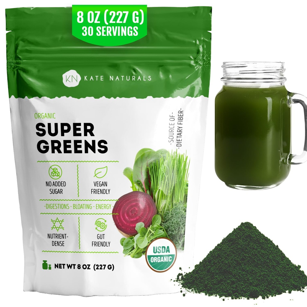 Kate Naturals Organic Super Greens Powder. Daily Greens Superfood Blend med Probiotics & Fiber för smoothies och juice (30 portioner, 8oz, Natural)