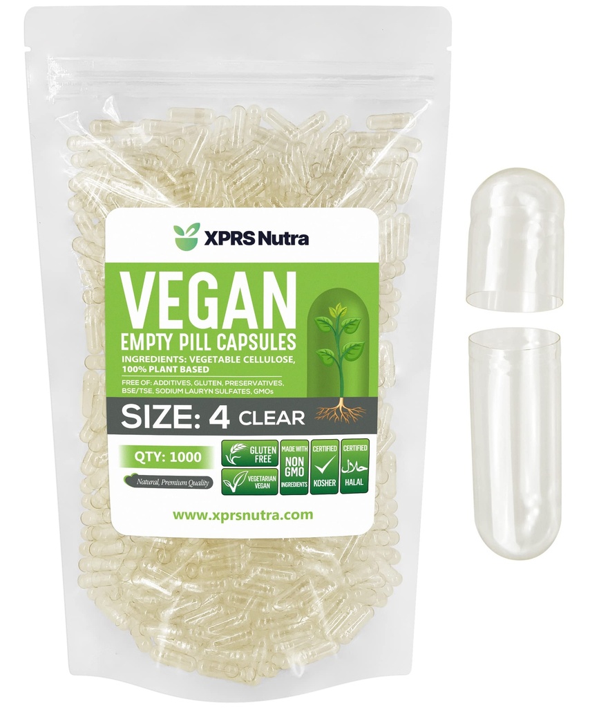 XPRS Nutra Size 4 Empty Capsules - 1000 Count Small Clear Empty Vegan Capsules- Vegetarian Pills - DIY Vegetabilisk kapselfyllning - Fillable Do-It-Yourself Veggie Caps för tillägg