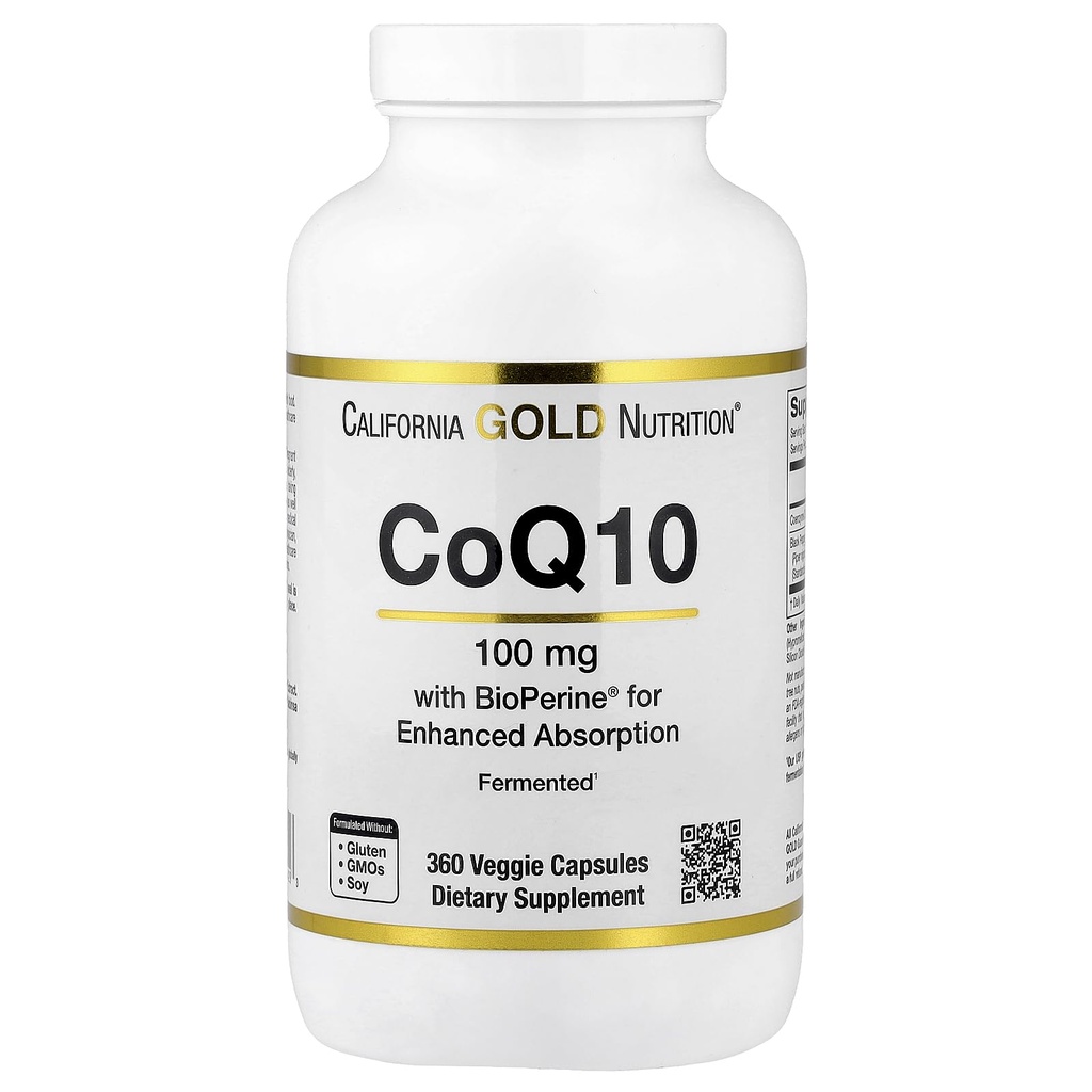 CoQ10 100 mg, Coenzyme Q10 Ubikinonin USP yhdessä Bioperine Black Pepper for Enhanced Imeytyminen, tukee Mitokondriotoimintaa*, 360 kasviskapselia