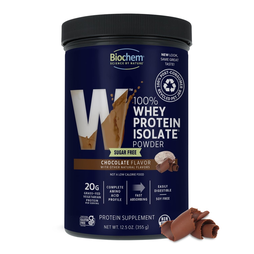 Biochem 100% Whey Sugar-Free Chocolate 20g, 12.5oz, Certified Vegetarian, Gluten Free, Non-GMO Tested, Keto Friendly, Grass-Fed