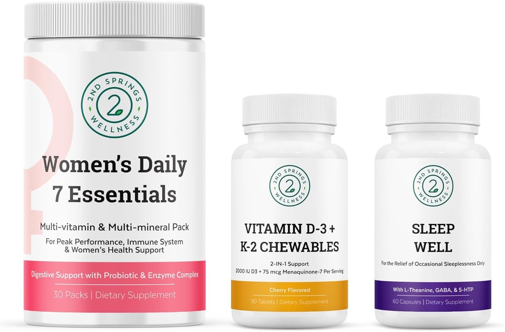 Naisten päivittäin 7 Essentials, D3-vitamiini + K2 Pureskeltavat ja nukkua hyvin Bundle