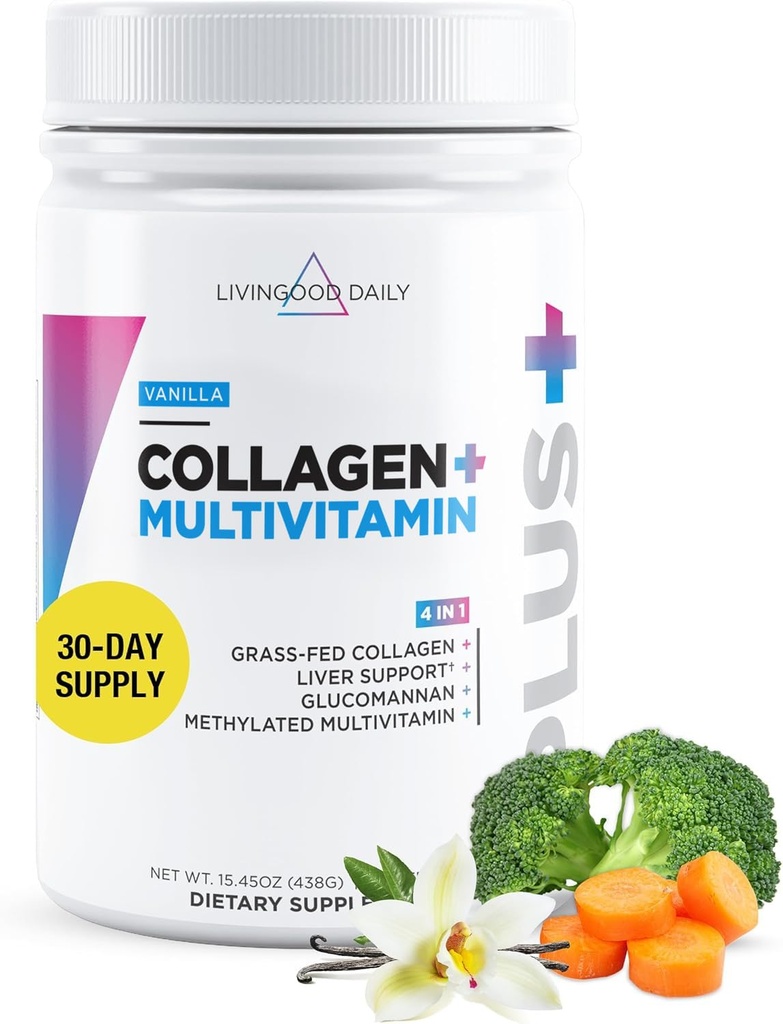 Livingood Daily Collagen Powder for Women and Men, Vanilja, Grass Fed Protein, Hydrolysed Collagen Peptides with vitamiine & Multi Vitamiinit hiukset, iho, kynsien ja Gut Health, Gluteeniton, 30 tarjoilua