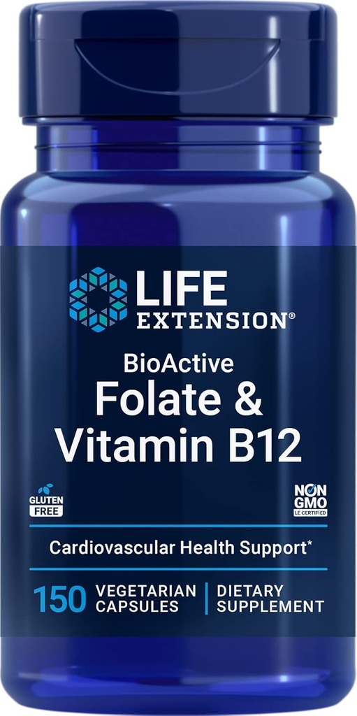 Life Extension BioActive Folate & Vitamiini B12, 150 Kasvissyöjäkapselit - Ei GMO, Gluteeniton täydennysosa