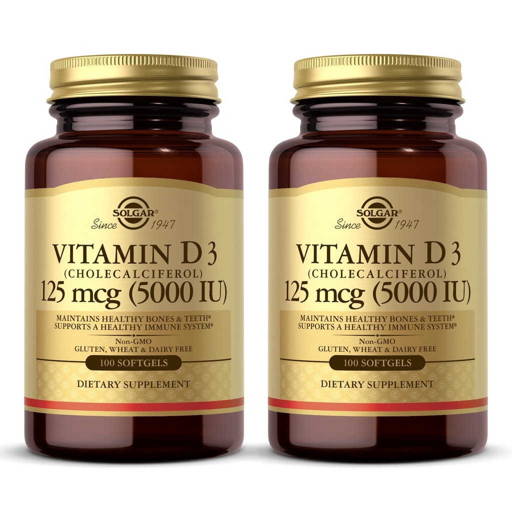 Solgar D3-vitamiini (kolekalsiferoli) 10 mikrog (400 IU) - 100 Softgels, 2 kpl pakkaus - Auttaa säilyttämään terveet luut ja hampaat - Immuunijärjestelmän tuki - ei-GMO, Gluteeniton, Dairy Free - 200 yhteensä