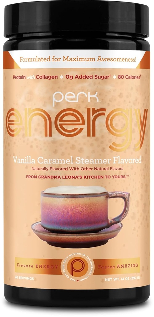 Perk Energy Original Vanilla Caramel Steamer smaksatt dryck pulver (20 portioner) - Glutenfri, jordnötsfri