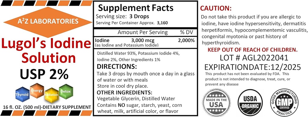 1x16 OZ Organic Lugolin jodi ja kalium Iodide 2% Solution 3000 mikrog -Liquid Supplement Drops Kilpirauhasten tukea naisille ja miehille, aineenvaihdunta terveys, Detox Boost -16 Fl Oz / Ships tänään!