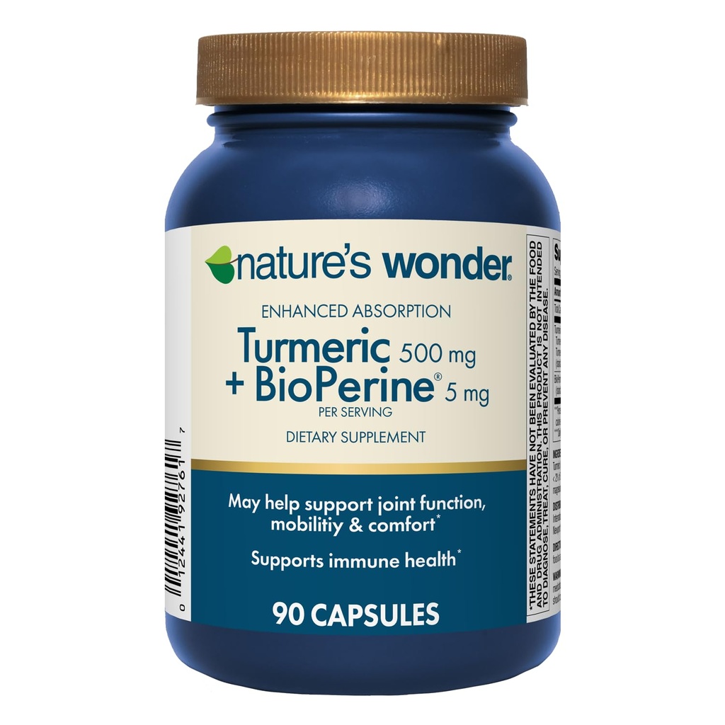 Nature's Wonder Turmeric Supplement BioPerine - Enhanced Absorptio Turmeric Complex 500mg BioPerine 5mg Yhteinen toiminta, liikkuvuus ja Comfort, 90 kasvissyöjä Turmeric Kapselit