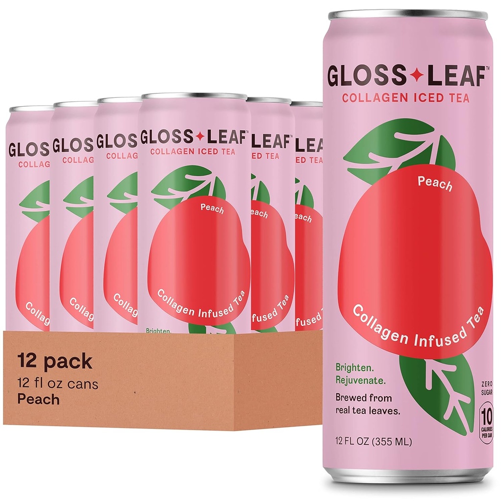 Gloss Leaf Collagen Iced Tee (Zero-sokeri, persikka): Brewed Black Tea Collagen Peptides Protein & Vitamiini C, Beauty & Anti-Aging, 12 Fl Oz, 12 pakkaus
