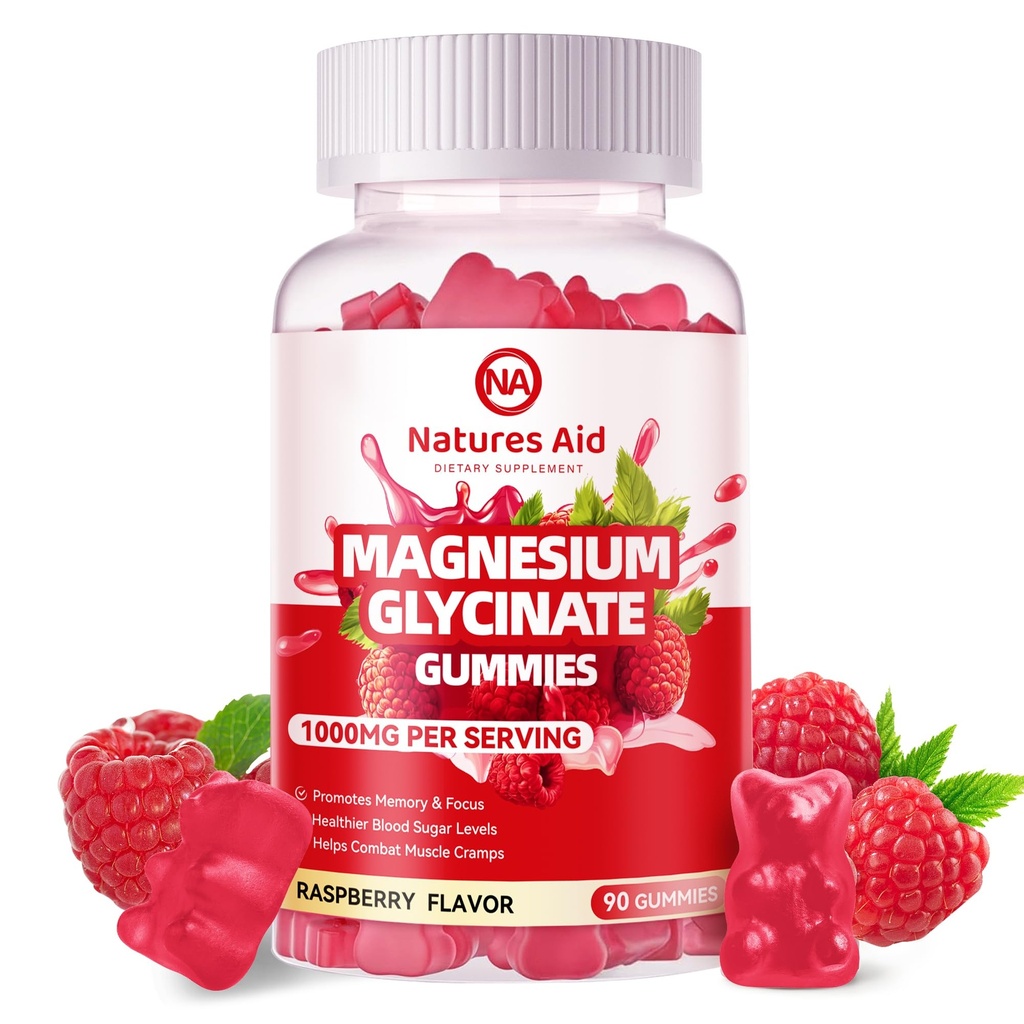 Magnesium Glycinate Gummies 1000 mg - Sokeriton Magnesium Kaliumlisä D-vitamiini, B6, CoQ10 rauhoittava mieli ja uni tuki - 90 vadelma Gummies.