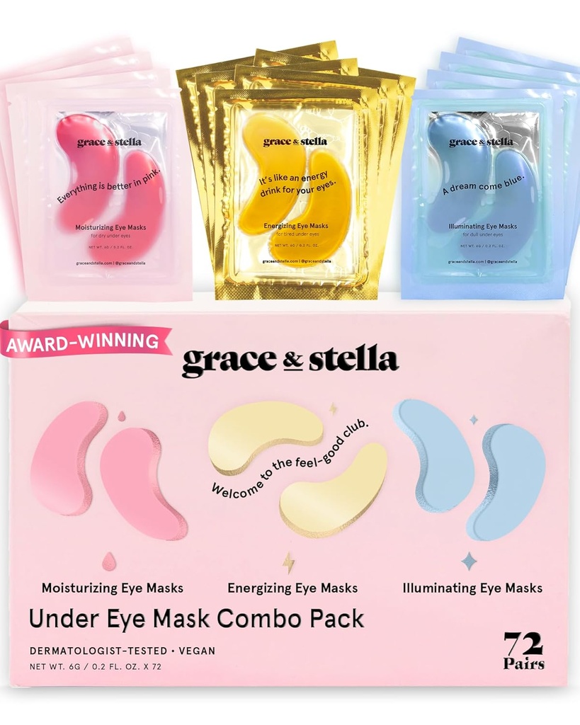 Grace & stella Under Eye Mask - vähentää tummat ympyrät, Puffy Eyes, Under eye Bags, ryppyjä - Gel Under Eye Patches, Vegaani Julma-vapaa itsehoito (72 paria, GoldPink Blue)