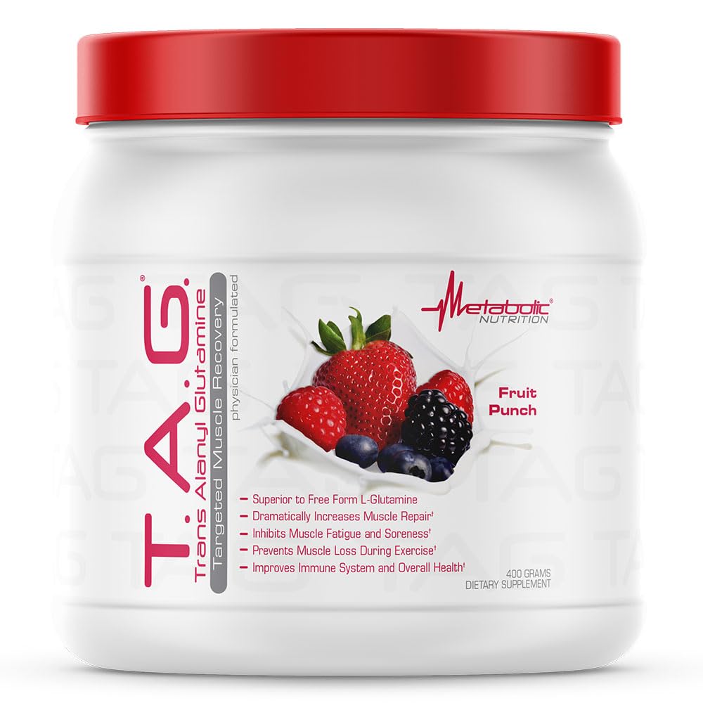 Metabolinen ravitsemus, TAG, Trans Alanyl Glutamiini, 100% L- glutamiinin Peptidijauhe, pre intra- treenauslisä, 400 grammaa (40 tarjoilua) (Fruit Punch)
