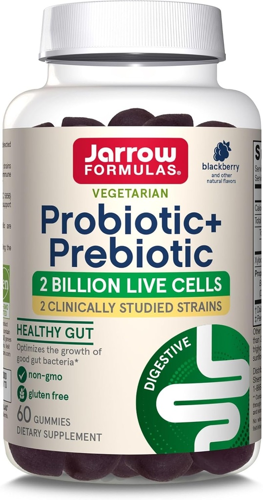 Jaarrow Formula Probiootti+ Prebiootti Ravintolisä, Ruoansulatusterveys, Gut Flora+Immuuniterveys - 2 miljardia PMY - 2 Kliinisesti tutkittu kanta - 60 Gummies - Blackberry Flavor