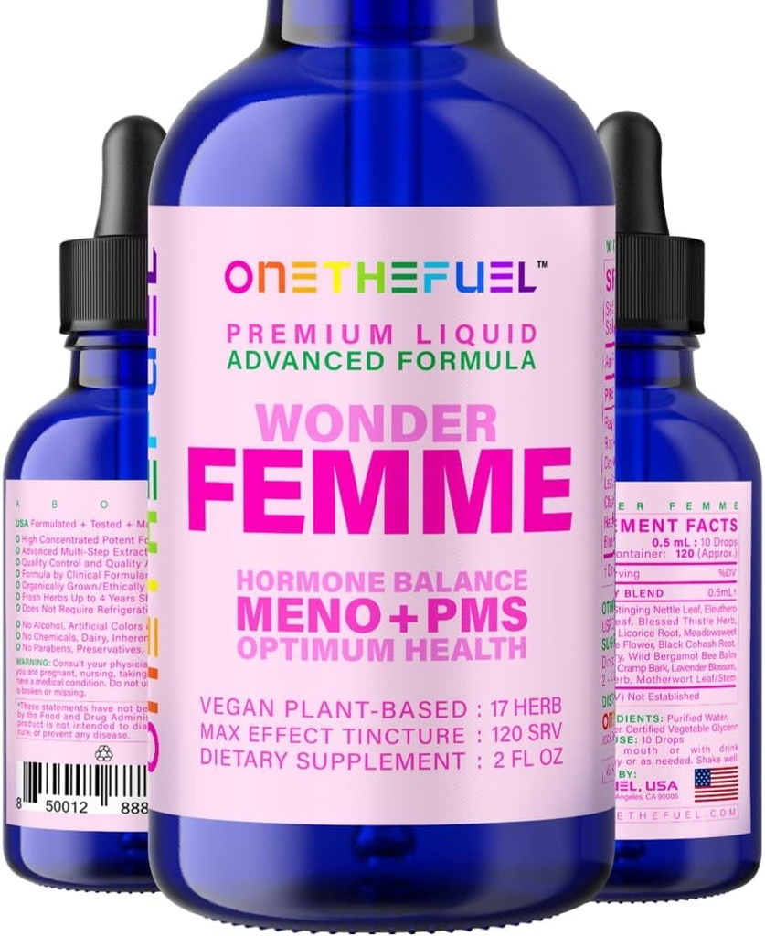 Wonder Femme Plant-Based Hormone Balance Menopause Hot Flass Relief Tuki 100% Natural 17 Kasviperäisten naisten Estrogeeni terveys täydentää Dong Quai Vitex + nopea Absorb Tincture 2 oz. Neste