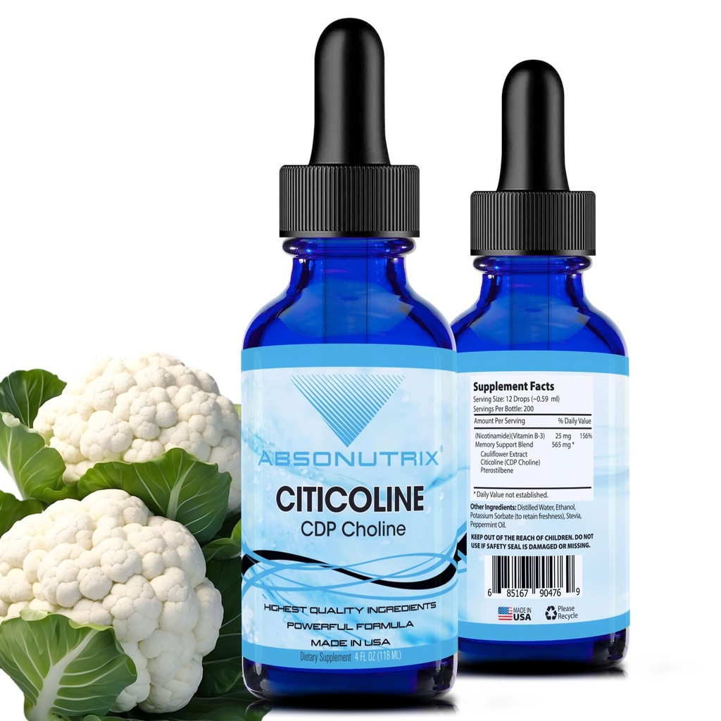 Absonutrix Citicoline 590 mg, 4 Oz Bottle, 200 tarjoilua, Valmistettu Yhdysvalloissa, Nopea imeytyminen, Quality Potent Ingredients, ei-GMO, GMP Certified, Cruelty-free Tuotteet