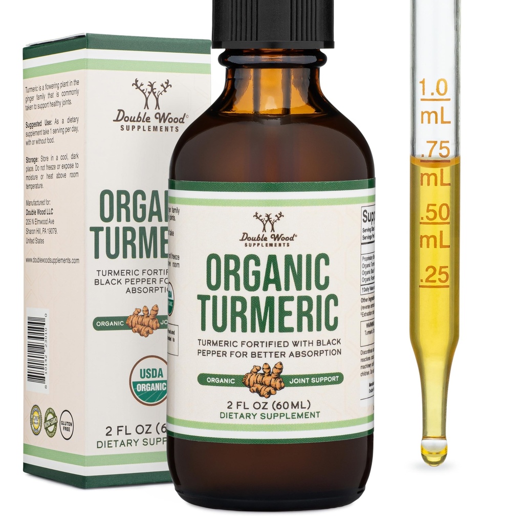 Kurkuma, jossa mustapippuria Drops - Organic Turmeeric Supplement Drops 1,180mg - 2FL OZ, 60 Tarjoilut (ja Black Pepper Seed, Inkivääri, Rosemary, ja Sage) Joint Support by Double Wood