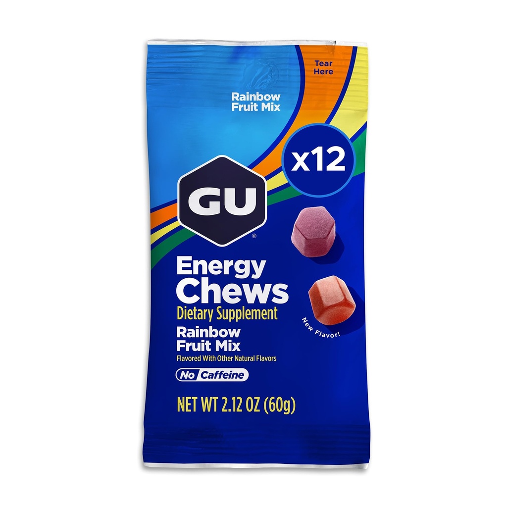 GU Energy Chews, Rainbow Mix Energy Gummies med Electrolytes, Dairy-Free, On-The-Go Energy för alla träningspass, 12 väskor (24 portioner totalt)