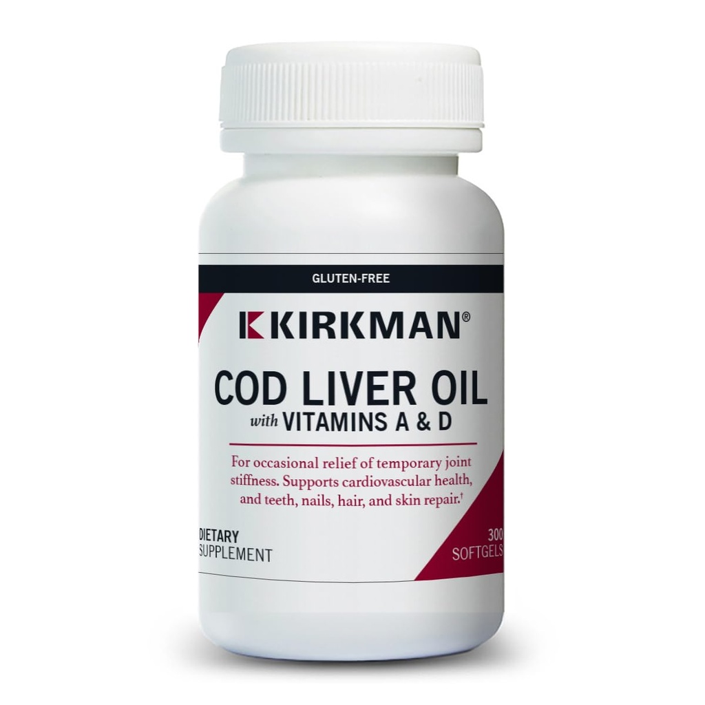 Kirkman - Turska A-vitamiini & D - 300 Softgels - Olennaiset rasvahapot - Tuet säätiö terveys - Hypoallergenic