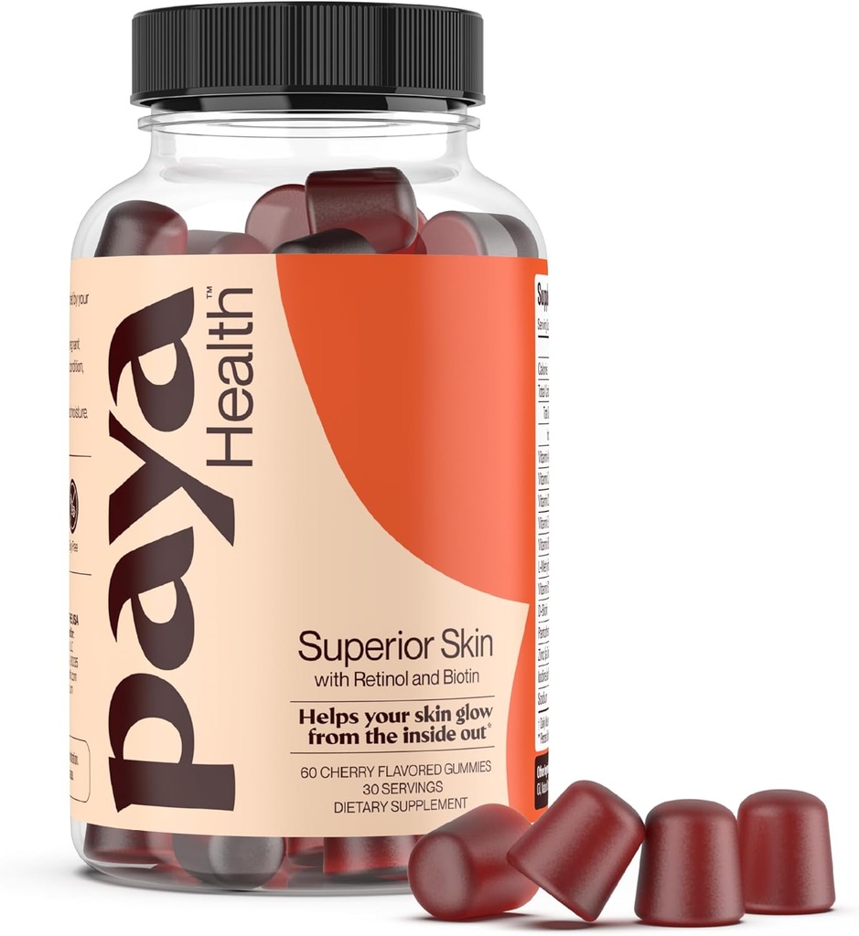 Skin Retinol och Biotin Gummies för Clear, Smooth Skin, Healthy Hair & Nails | Tillägg med Zink, vitamin A, E och C | Non-GMO, Gluten-Free, Cherry Flavor, 60 Count