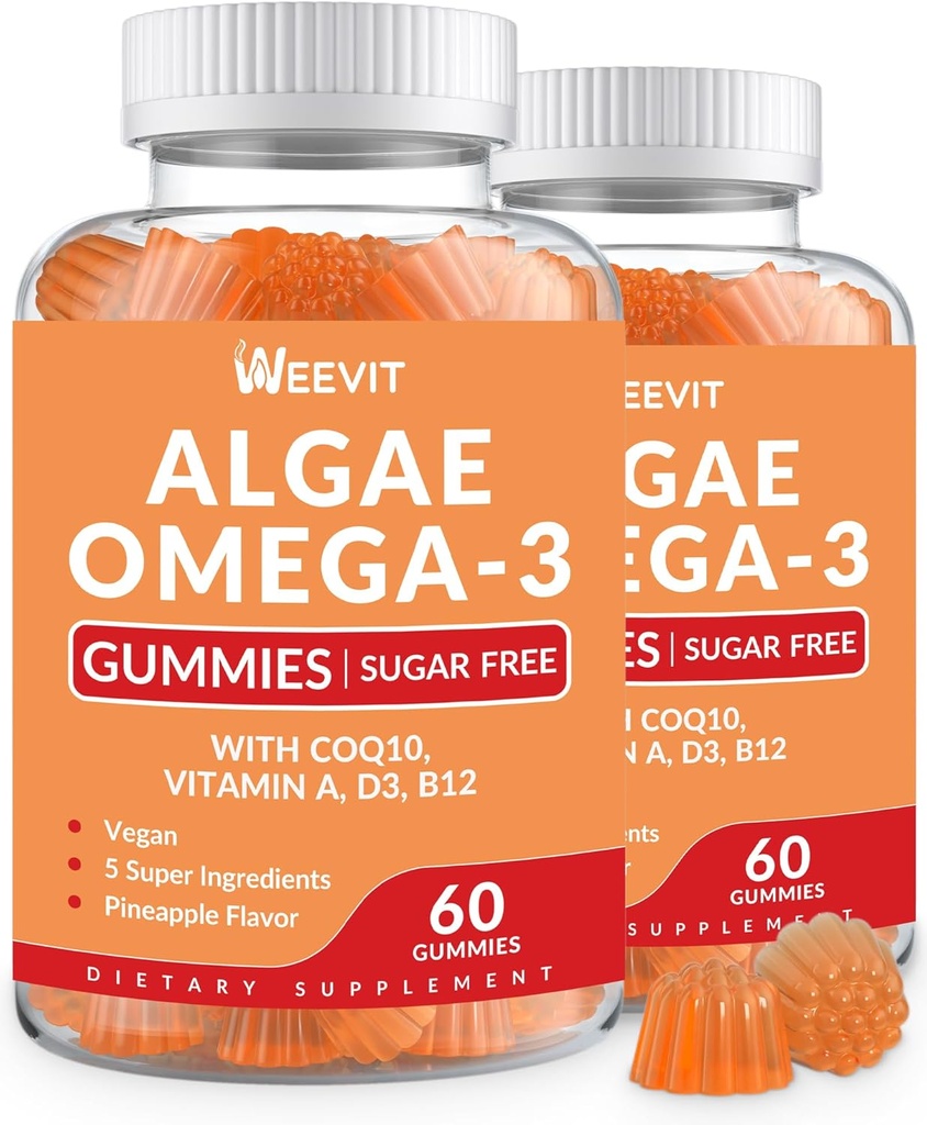 Vegan Omega 3 Gummies, Algae Omega-3 Supplement DHA 240mg, EPA 110mg w/Vitamin B12, CoQ10, Fish Oil Alternative för vuxna - Brain, Bone, Eye & Immunity Support