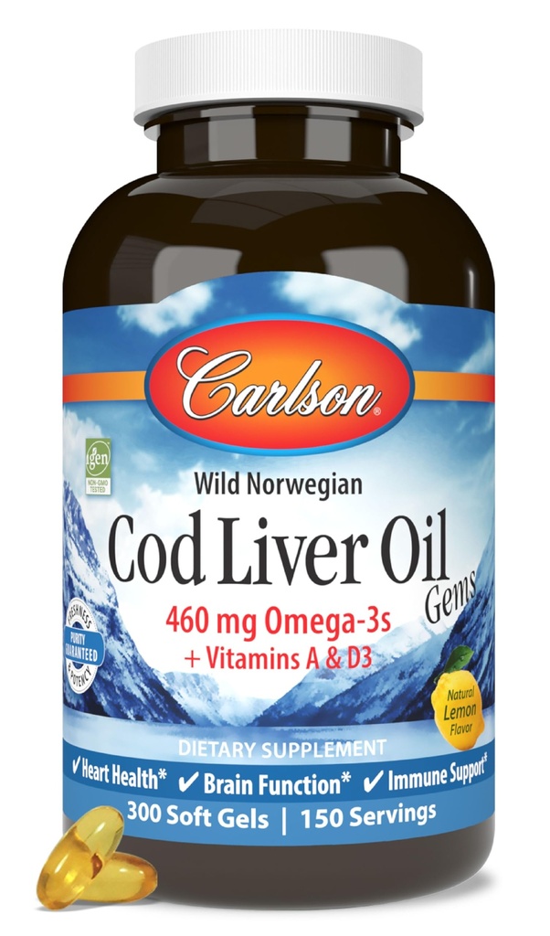 Carlson - Cod Liver Oil, 460 mg Omega-3s + A & D3-vitamiinit, Wild-Caught Norwegian Arctic Cod-Liver Oil, kestävästi lähdetty Nordic Fish Oil kapselit, sitruuna, 300 Softgels