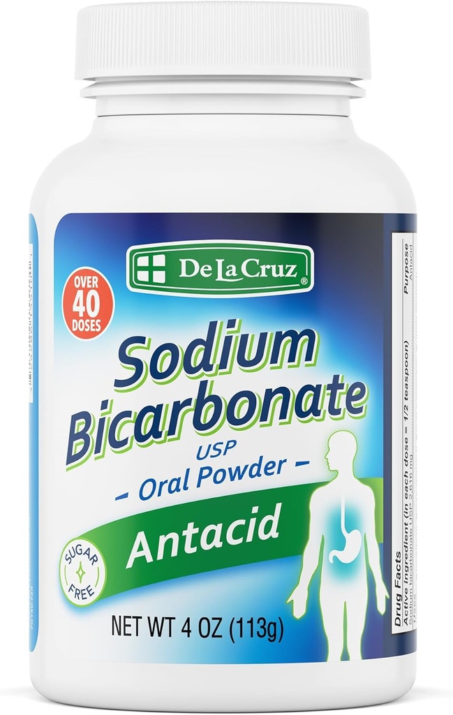 De La Cruz Pure Sodium Bicarbonate - USP Grade Bicarbonate of Soda ... 100% Pure Baking Soda Aluminum Free Antasidi Powder for Heathburn & Facilities - Pakkaus Yhdysvalloissa, 4 OZ.