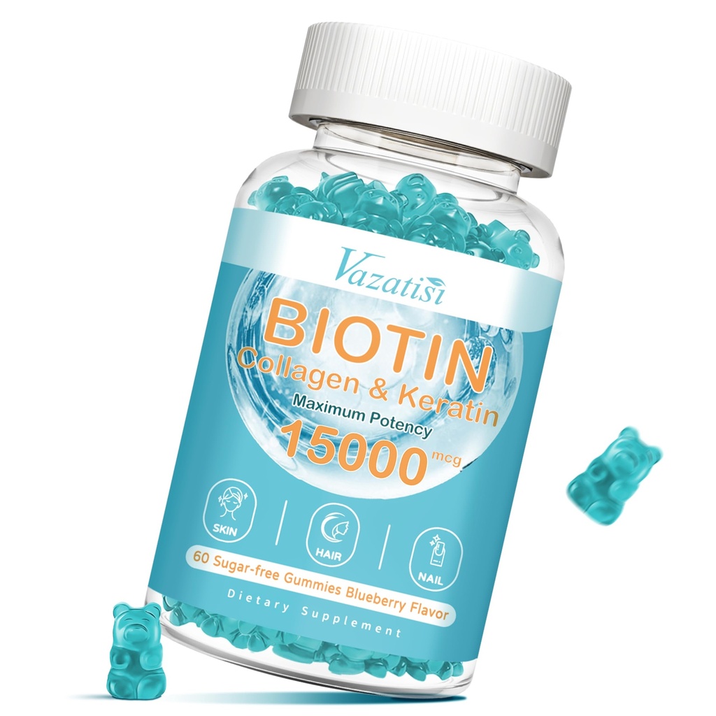 Biotiini ja kollageeni Gummies B12, hiusten iho ja kynnet Vitamiinit Gummies hiusten kasvua, hehkuva iho ja vahvat kynnet - Mustikka maku, sokeriton, 60 Ct