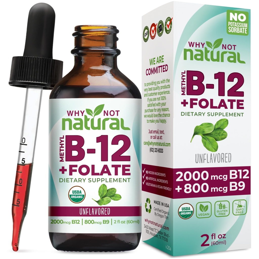 Miksi ei luonnon B12-vitamiinia Liquid Plus Folaatti - Organic sublingual Extra Strength Vegan Drops - Metyyli täydentää Folinic
