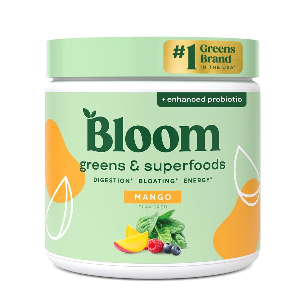 Bloom Nutrition Superfood Greens Powder, Divegestive Enzymes with Probiotics and Prebiotics, Gut Health, Bloating Relief for Women, klorella, Green Juice Mix with Beet Root Powder, 30 SVG, Mango