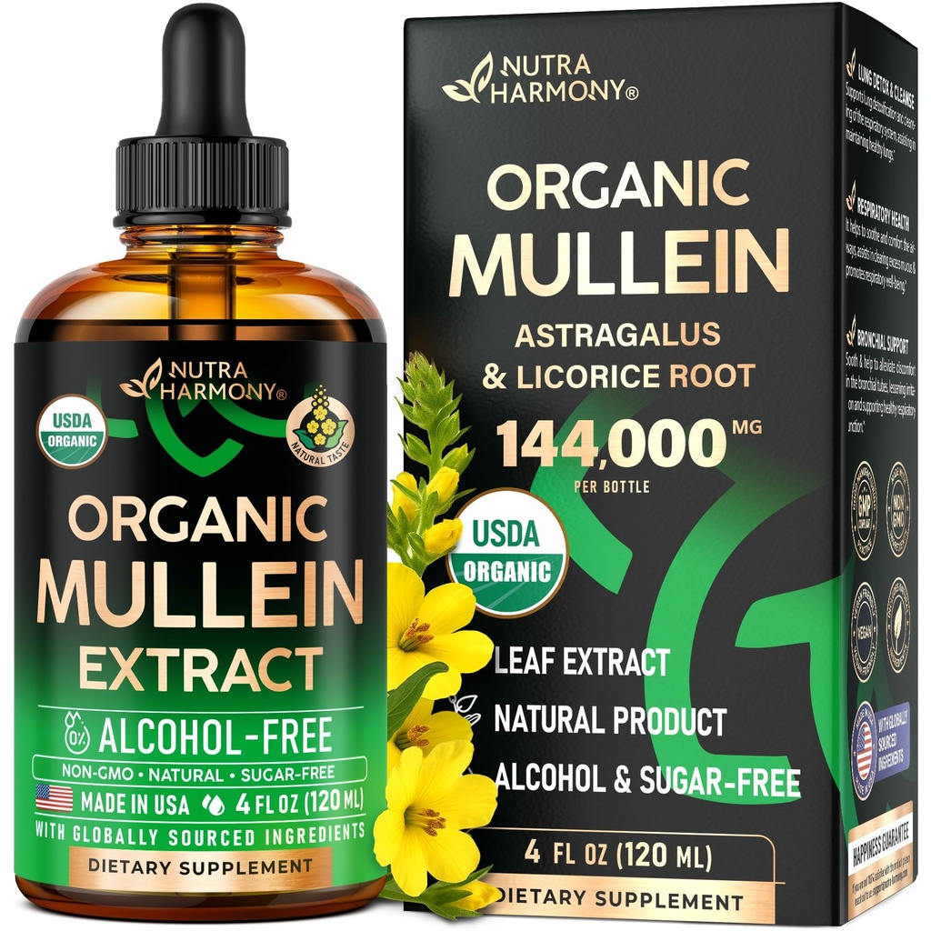 Mullein Drops for Lungs - USDA Organic Liquid - Mullein Leaf Extract Supplement - Made in USA - Lung & Bronchial Cleanse for Smokers - Hengitysterveys tuki - Tincture, Tee, Pillerit - 4 fl oz