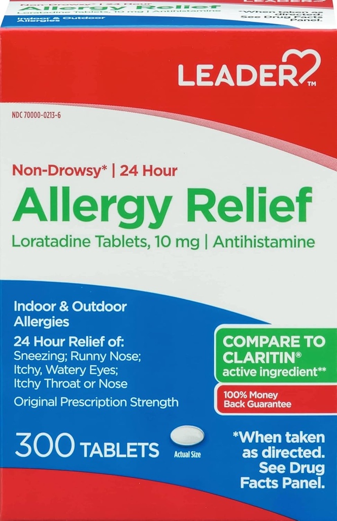 Leader 24 Hour Allergia Relief, Loratadine 10 mg, Antihistamiini, Original Prescription Strength, Sinus Relief, Indoor and Outdoor, Counteract Allergia, 300 tablettia