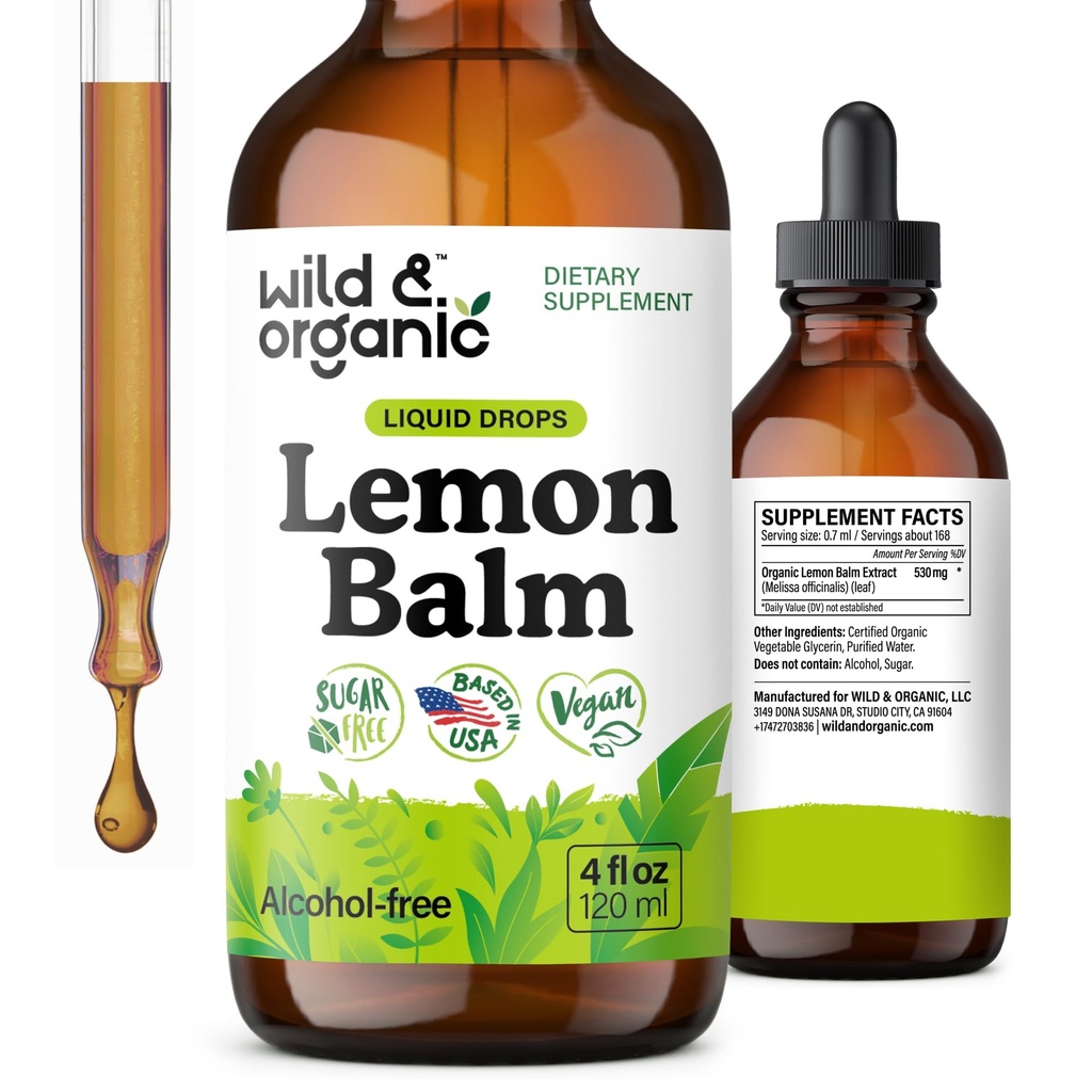 Wild & Organic Lemon Balm Tincture - Mielialan tuki täydentää - Melissa Lemon Balm Leaf Extract Drops - Vegan, sokeria & alkoholiton Calming Supplement - 4 fl oz