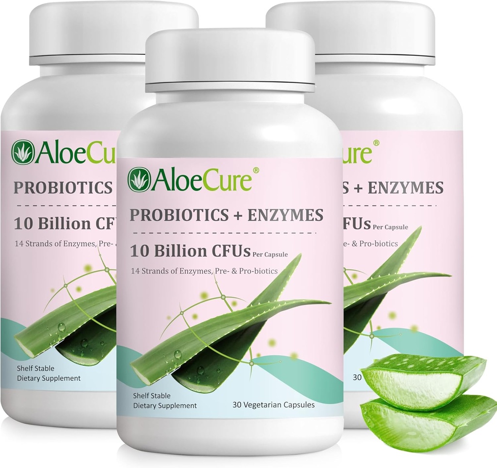AloeCure Daily Probiotics 10 Billion CFU för Digestive Support 8 Strains, 6 Prebiotics & Enzymes - Digestive Supplement med Bromelain för kvinnor och män - Gut Support, Digestive Relief, 30 Caps x 3btls
